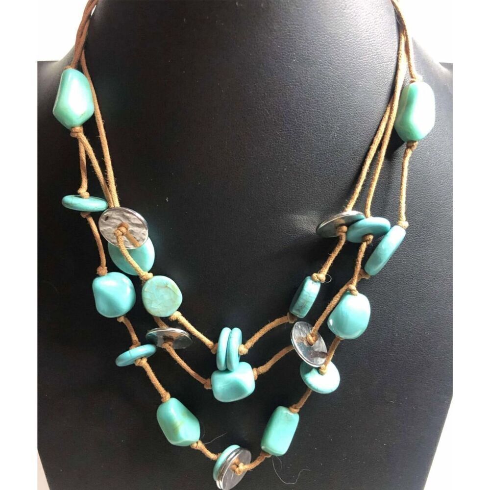 1915 CHICO'S silver tone faux turquoise layered necklace 18-22"